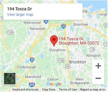 google maps showing location of Reliable Roofing, Siding, and Windows at 194 Tosca Drive, Stoughton, MA