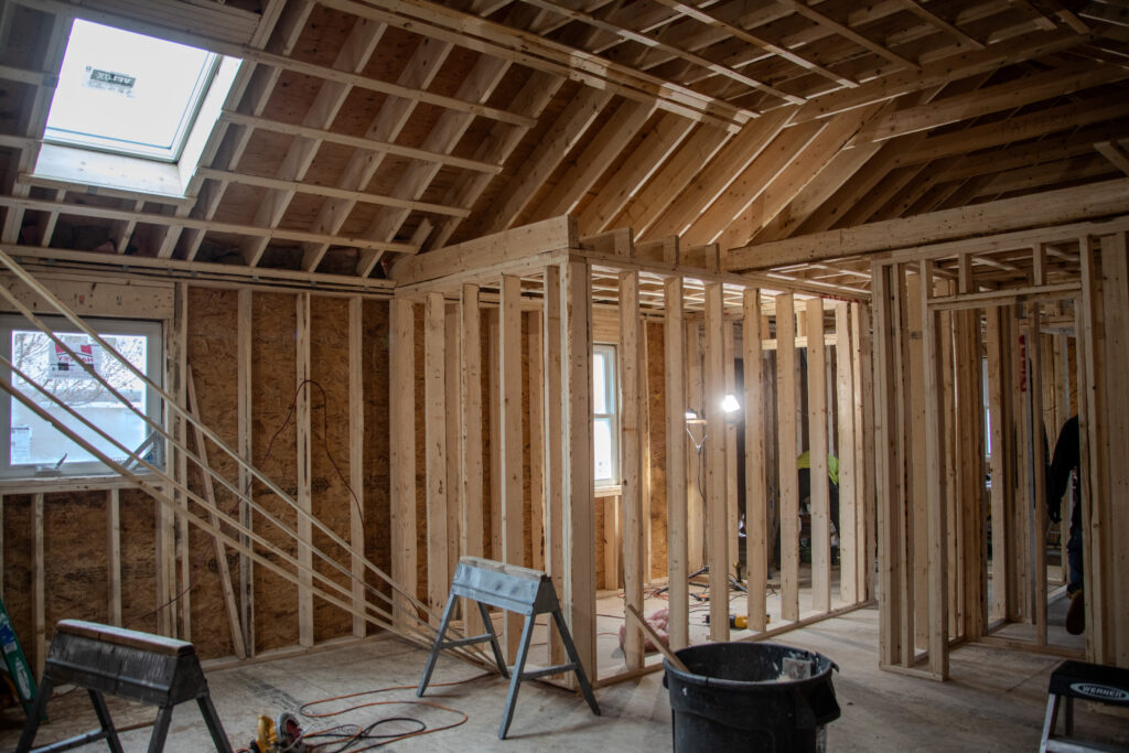 interior framing of in-law addition on Daily Drive Extension in Stoughton, Massachusetts.