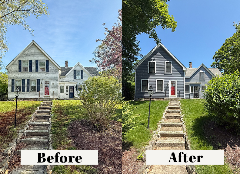 before and after photo of the difference with new black Harvey Classic windows and CertainTeed D4 vinyl siding in Easton, MA.