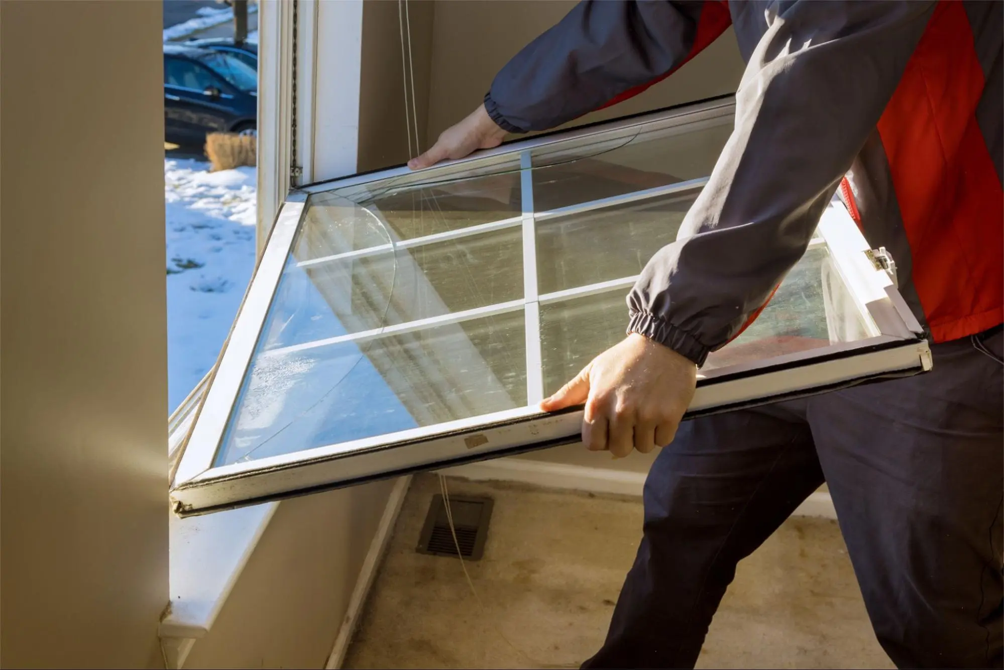 Professional window installation in Stoughton, MA with a technician fitting a replacement window.
