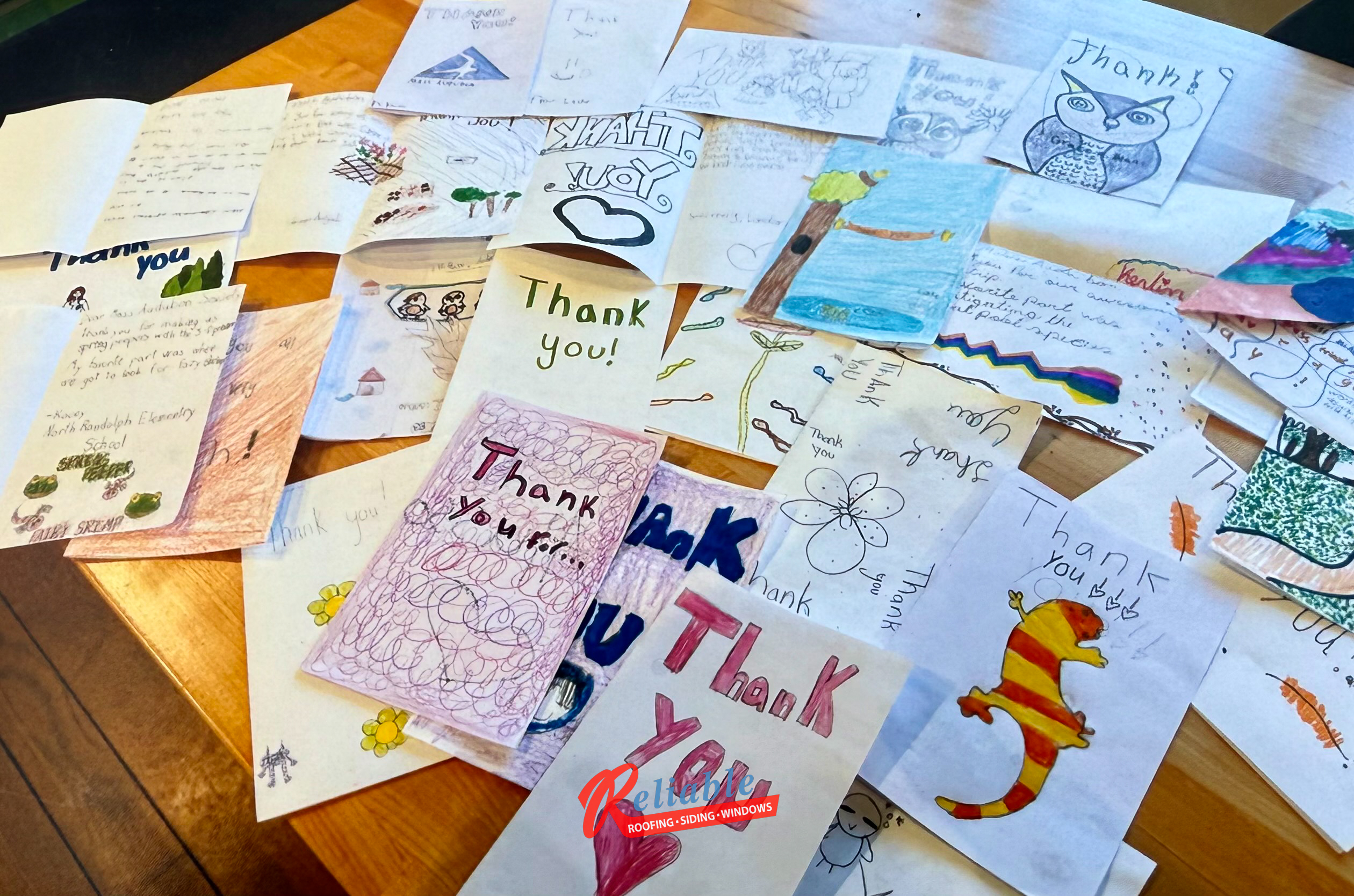 Thank you cards made for us at Reliable Roofing, Siding, and Windows by 5th grade students from Randolph, Massachusetts